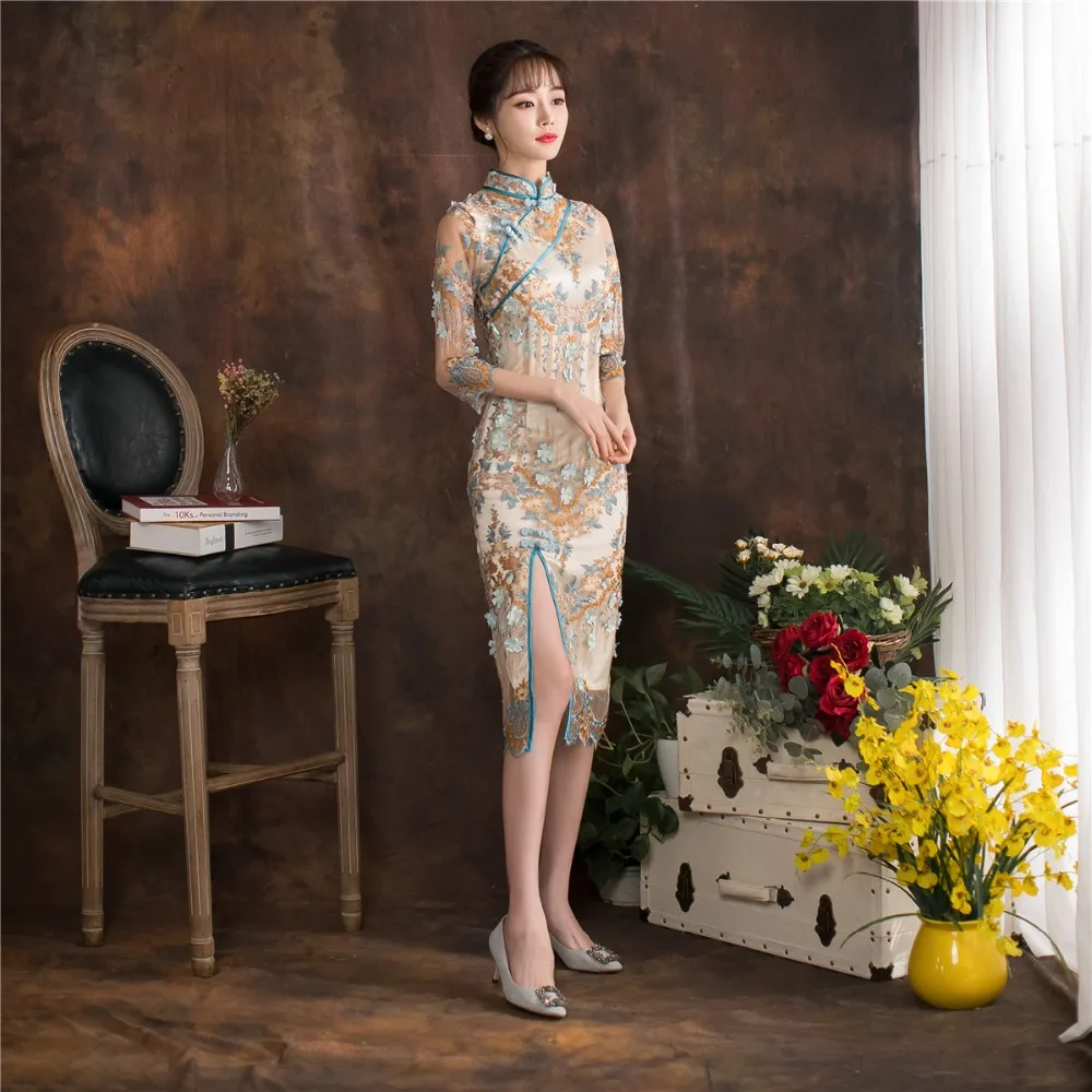 Shanghai история высокое Разделение рыбий хвост длинное платье Qipao Cheongsam шнурок китайский Oriental платье Русалка китайский Для женщин платья