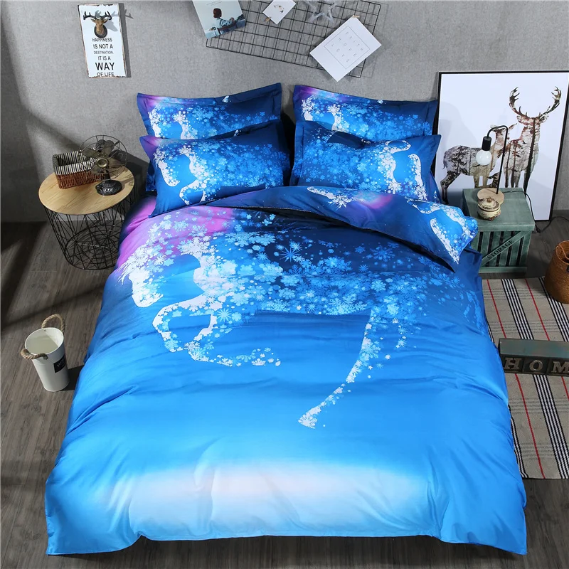 

2018 3D Blue Unicorn Bed Covers Polyester Microfiber Bedding Set 2/3/4Pc Twin Queen King Duvet Cover Set Sheet Pillowcases