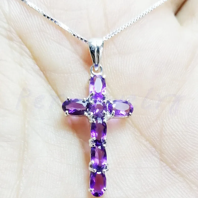 

Natural real amethyst or garnet cross pendant Free shipping 925 sterling silver 0.25ct*7pcs gemstone For men or women C94306