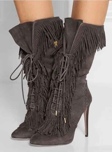 grey mid calf high heel boots