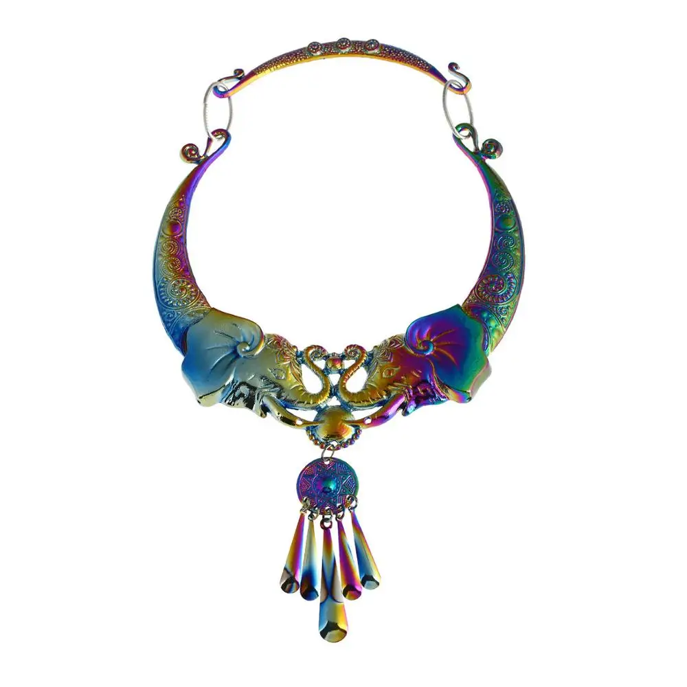 LOVBEAFAS, Винтажное колье, массивное женское ожерелье, тибетское серебро, резной слон, кисточка, воротник, колье, ожерелье, аксессуары - Окраска металла: Multicolor