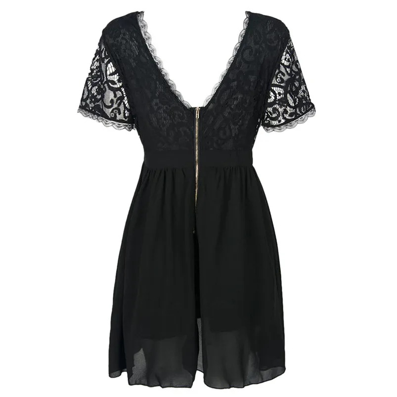 Women Ladies Sexy V-Neck Lace Solid Backless chain Short Sleeve Mini Dress Sexy Ladies Summer Soft Fashion Zipper Dress 35AP09 (10)