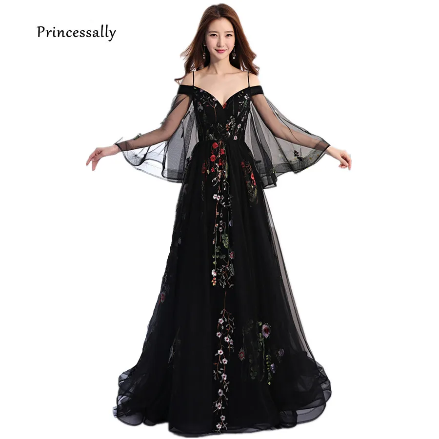 Robe De Soriee/Новинка черные вечерние платья длинное платье с вышивкой и цветами