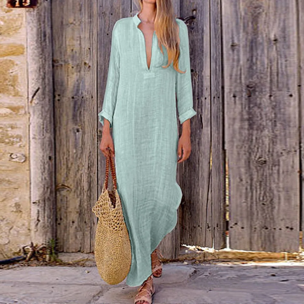 

Boho Baggy Loose Dress Long Sleeve V-Neck Linen Kaftan Maxi Dress Beach Dresses Woman Party Night Summer Beachwear