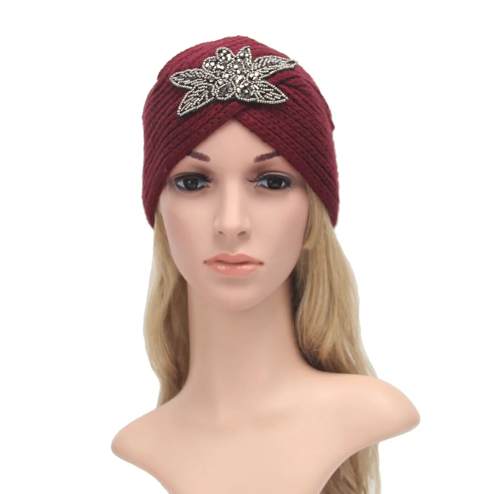 Flower Turban Hat Women Knitted Beanie Rhinestone Flower Hat Cross ...