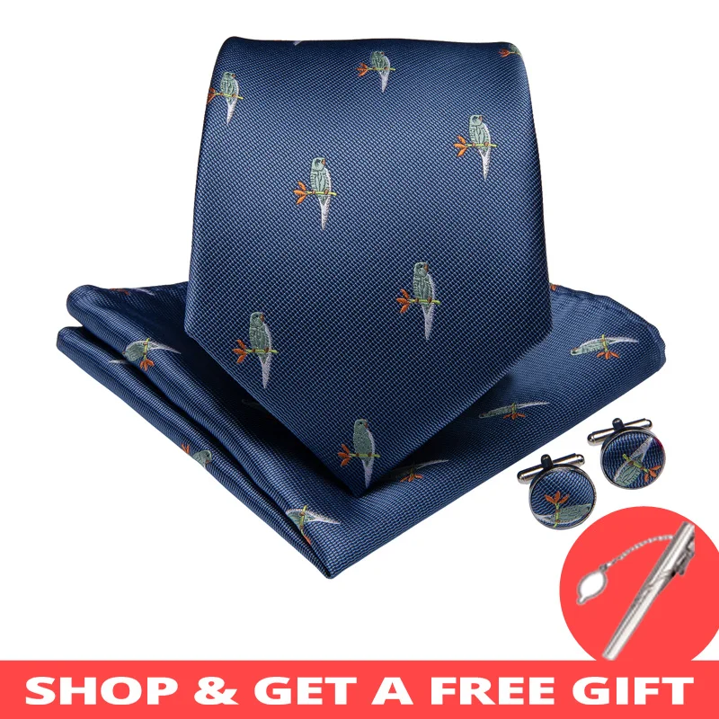

DiBanGu New Blue Animal Men Gifts Tie Clip Hanky Cufflinks Tie 100% Silk Ties for Men Wedding Business Party Tie Set MJ-7219
