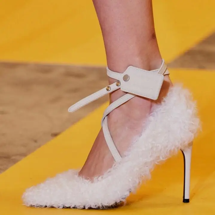 

New Arrivals White Red Green Fur Runway Women Shoes High Heels Cross Ankle Strap Pointed Toe Thin Heels Wedding Shoes Bride