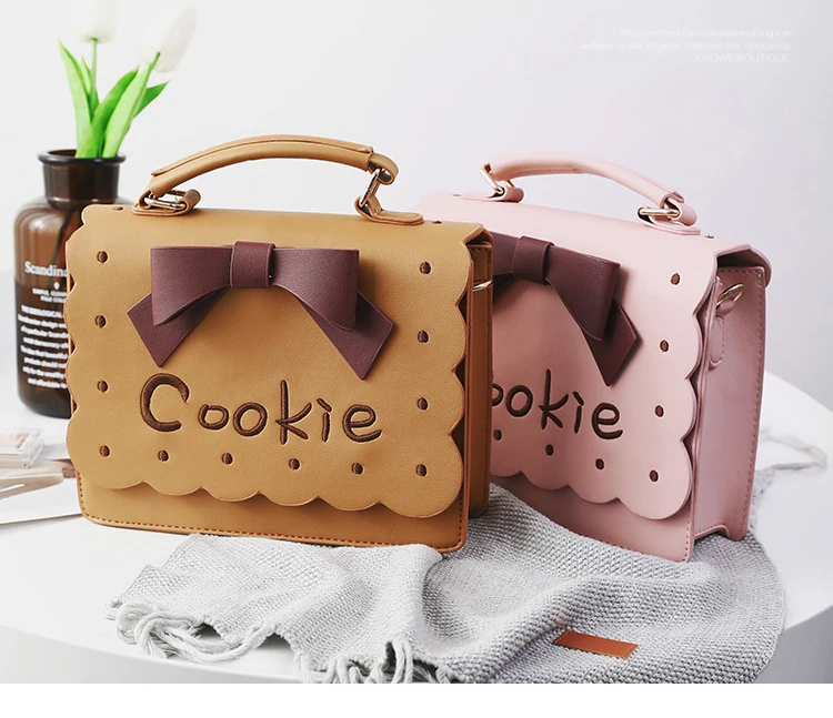 Kawaii Girl Cookie Priting Brown Flap Messenger Bag Bow Lolita Style Pink Handbag Joker Leisure Sweet Scrub PU Shoulder Bag03