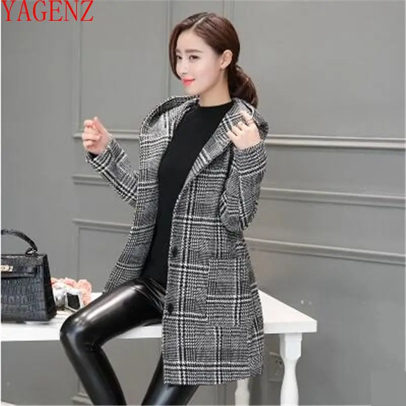 

YAGENZ Autumn and winter Women clothing New Hooded Wool coat Medium long grid Tops Large size Imitation of cashmere coat K530