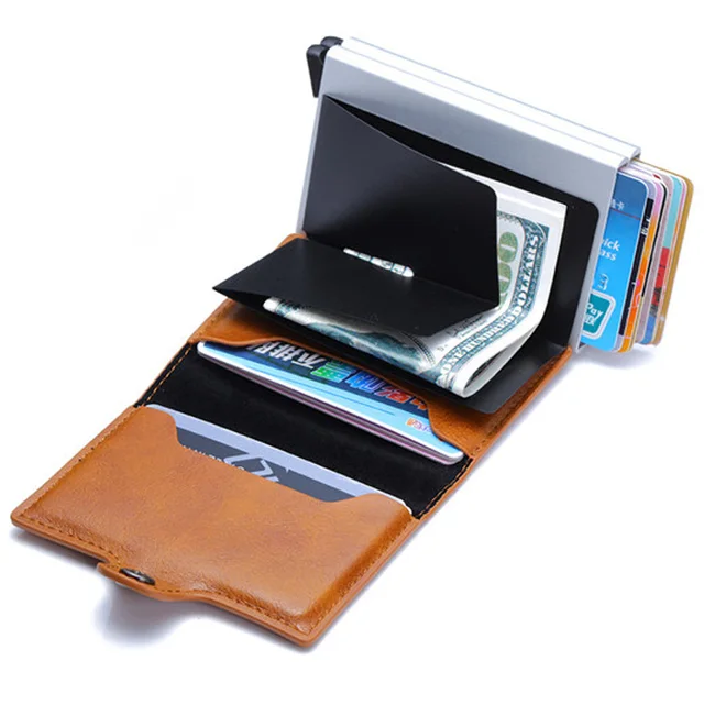 Europe Designer RFID Protection Men's Leather Credit Card Holder Double Aluminum Bank Card Protector Case ID Wallet For Man 4
