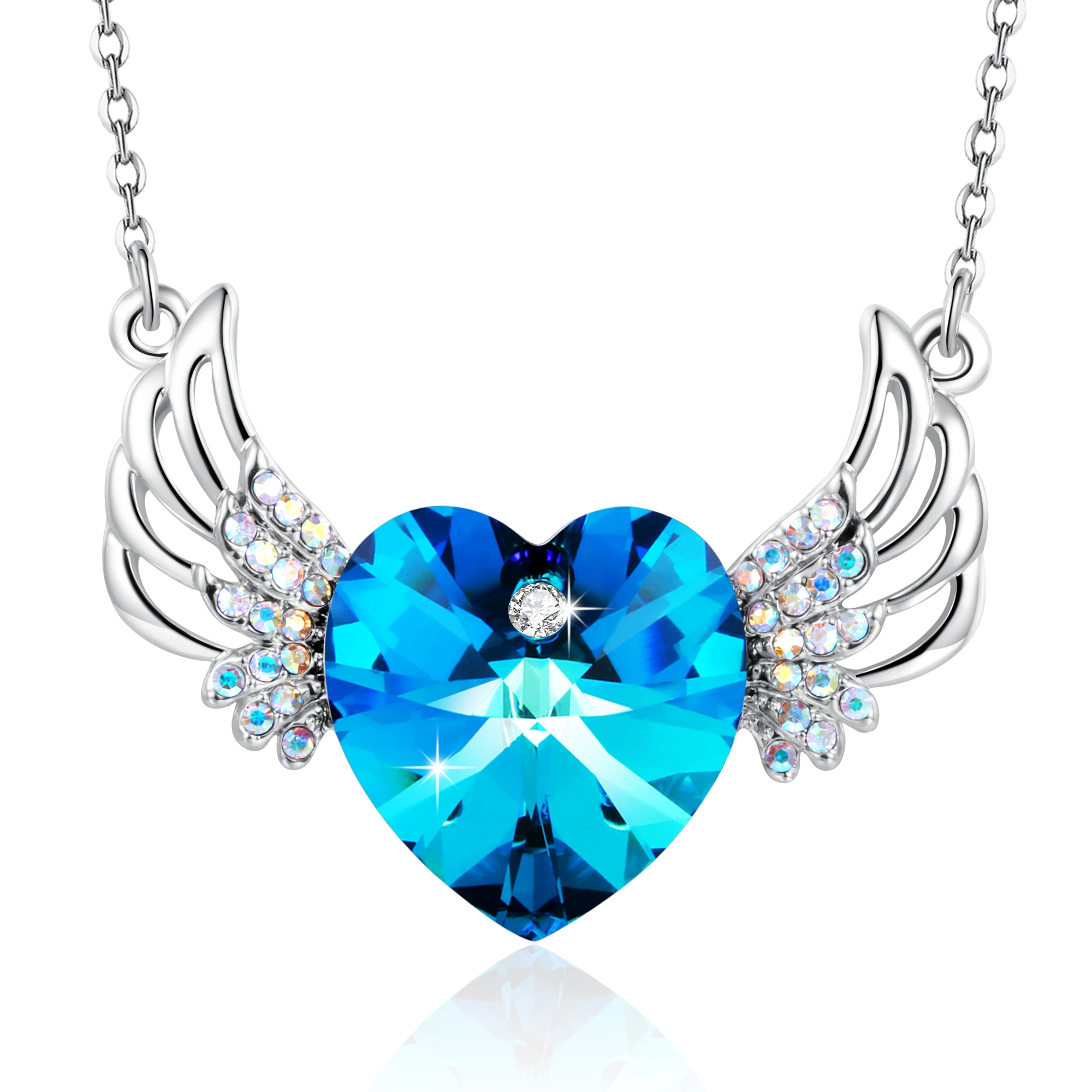 

ROXI Luxury Silver Chain Blue Heart Zircon Pendants Necklaces Crystal Angel Wings Necklaces Jewelry collares largos de moda 2018