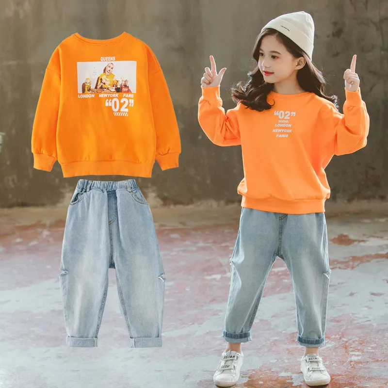

2019 autumn children's clothing new girls letter printing sweater with jeans two-piece large children's suit