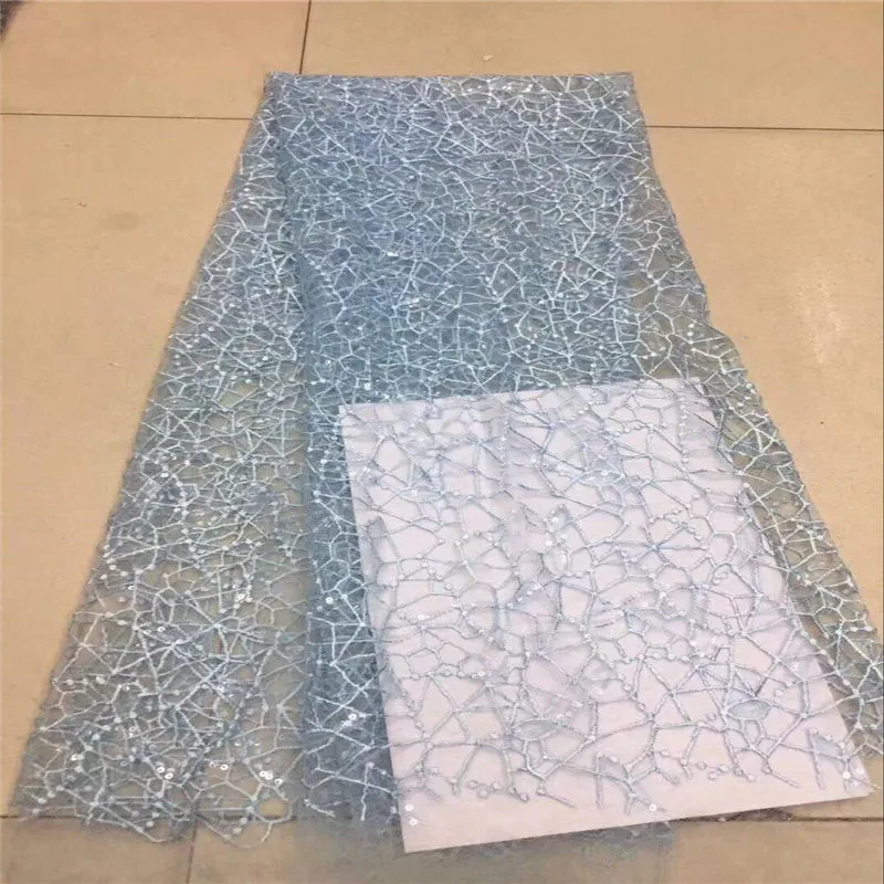 

African beautiful design high quality lace fabric 2018 sky blue popular French tulle embroidery lace fabric sequins lace fabric
