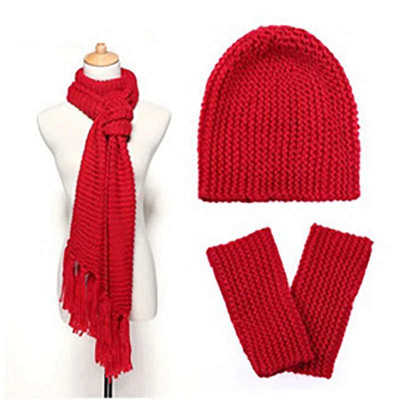 3-piece suit Scarf Hat And Gloves Women Knitted Warm Girls Thicken Knitting Skull Caps Beanie Ball Hats Glove Sets F2