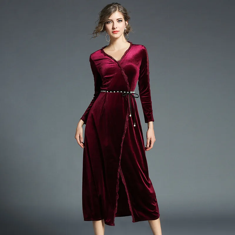 S XXL Vintage Winter Velvet Dress 2017 Women Long sleee V neck Split