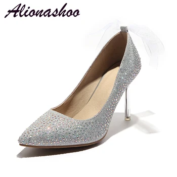 

Alionashoo Women Pumps Sexy High Heels Women Shoes Thin Heels Female Shoes Wedding Shoes Sliver Red Ladies Shoes Plus Size 34-48