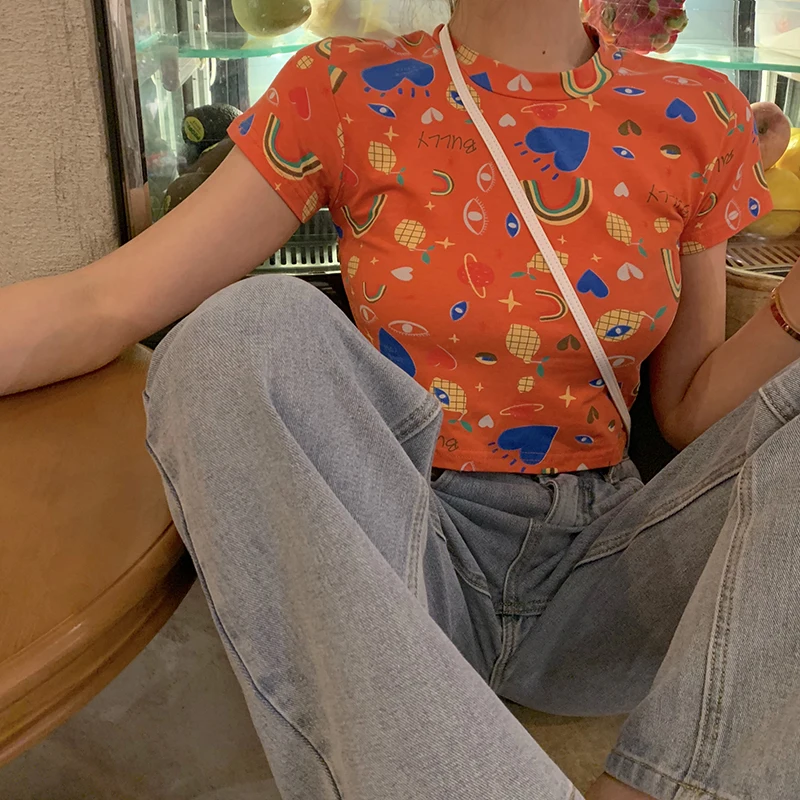 

New Floral Rainbow Print t shirt women Cute Harajuku Crop Tio Chic Ulzzang Korean Style Tshirt korean clothes dropship wholesale