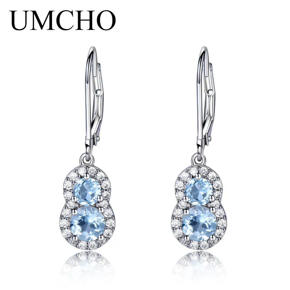 UMCHO 1.8CT натуральный, небесно-синий топаз ювелирные серьги c драгоценными камнями Настоящее серебро 925 проба Висячие серьги свадебный подарок для женщин - Цвет камня: EUJ045B-1