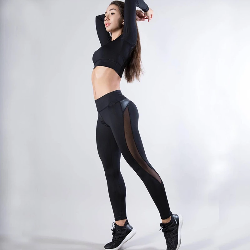 New Women Black PU splicing Leggings 