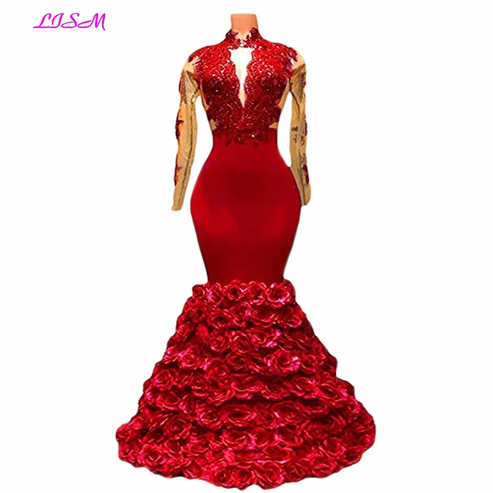 New Arrival Mermaid Rose Evening Dresses Long Sheer Sleeves Party Gowns Sexy Backless Floor Length Formal Dress women elegant