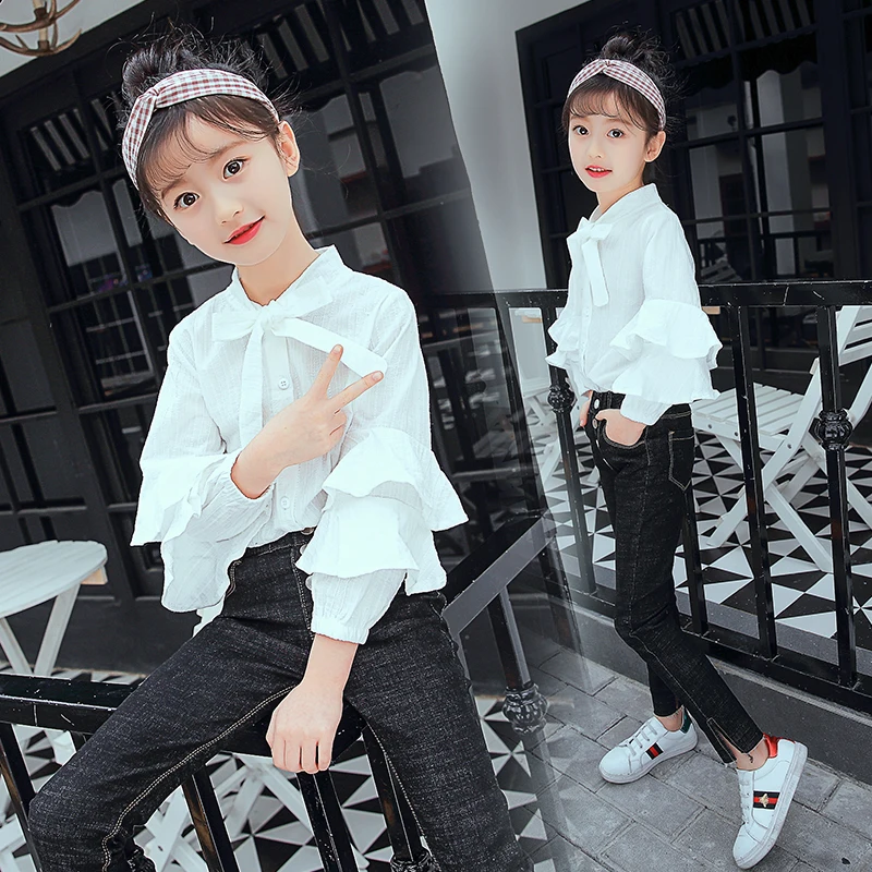 

2019 Spring Fall4-12Y Chiffon Lace Baby Big Girls 100% cotton Blouse White Clothes Child Long Sleeve School Girl Shirt Kids Tops