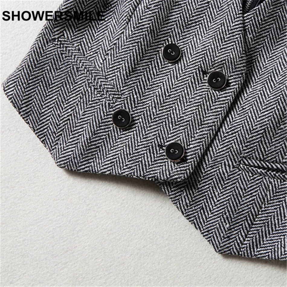 SHOWERSMILE Women Herringbone Vest Double Breasted Waistcoat Back Faux Leather Patchwork Sleeveless Blazer British Female Gilet