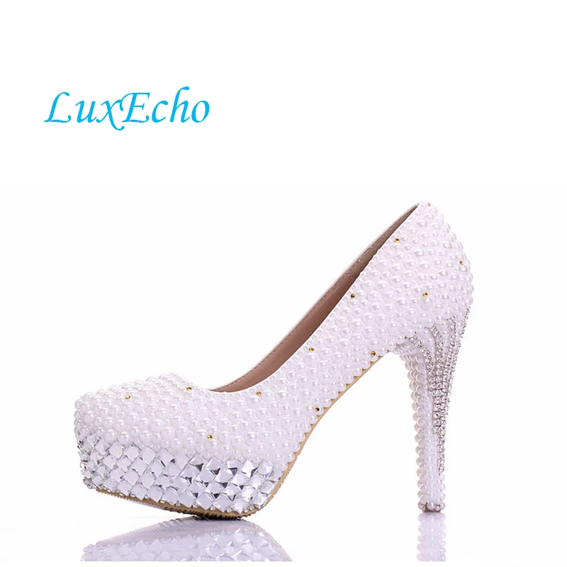 

Woman white pearl wedding shoes Platform shoes bride round toe high heels dress shoes Ladies shoes womens Pumps big size