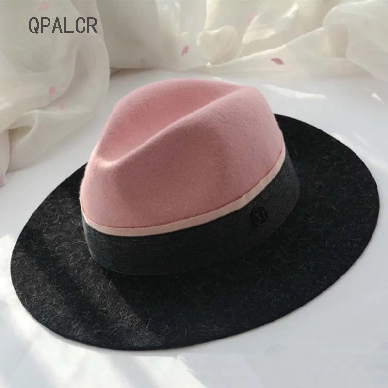

QPALCR Brand New Girls Wool Fedora Hat Black Patchwork Pink Wide Brim Felt Hat Ladies Chapeau Vintage Church Hats