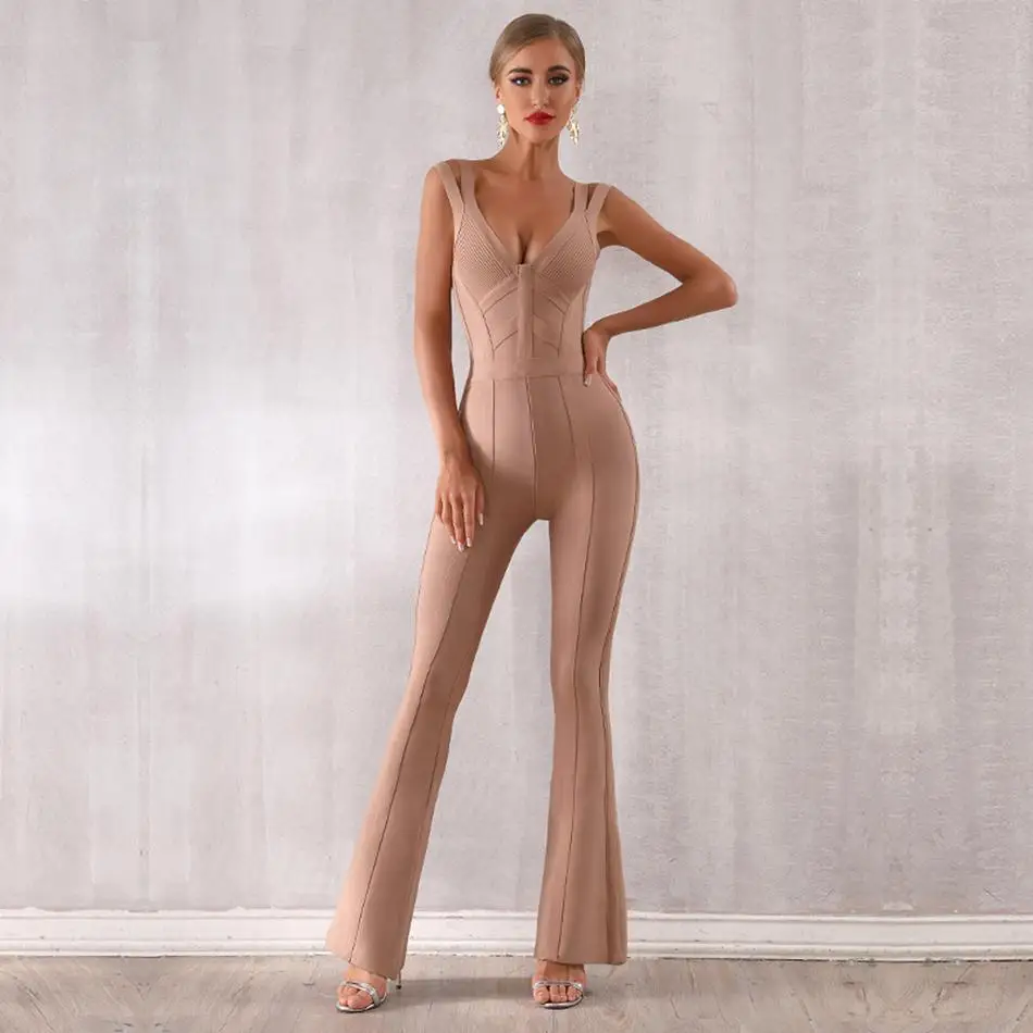  Winter Celebrity Party Bandage Jumpsuit Women Spaghetti Strap V-Neck Sexy NightClub Full Length Jum