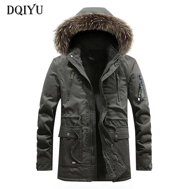 

DQIYU Winter Jacket Men Fleece Hooded Parkas Fur Collar Military Cotton Jacket Male New Fashion Army Green Long Windbreaker Coat