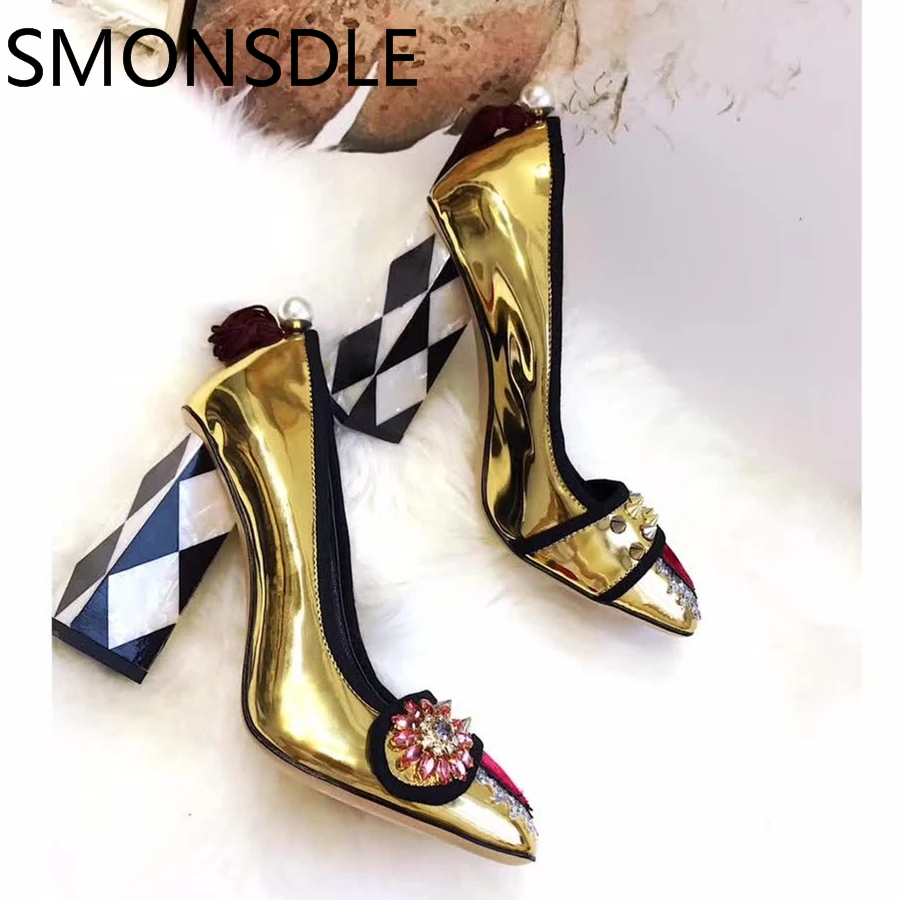 

2018 New Shoes Woman Spring Summer Genuine Leather Pumps Metal Pearl Slip On Shallow Square Toe High Heels Women Retro Pumps