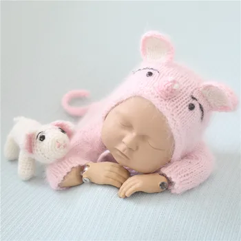 

Pink Pig Romper Hat Set Handknit Soft Mohair Outfit Photo Baby Clothes Newborn Photography Props