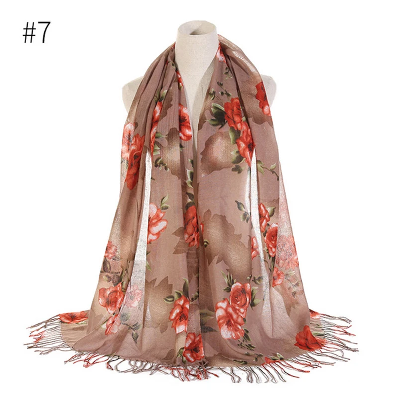 Осенне-зимний шарф Женская Элегантная модная мягкая шаль, большой размер Цветочная хлопковая вуаль с принтом шарфы Дамский шарф с кисточками