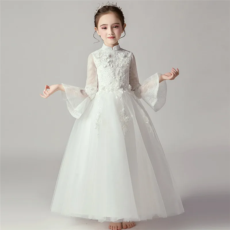 white long dress Детское элегантное кружевное платье принцессы из тюля на Рождество и день рождения для девочек; модное платье с длинными рукавами и цветочным принтом для подростков - Цвет: white long dress