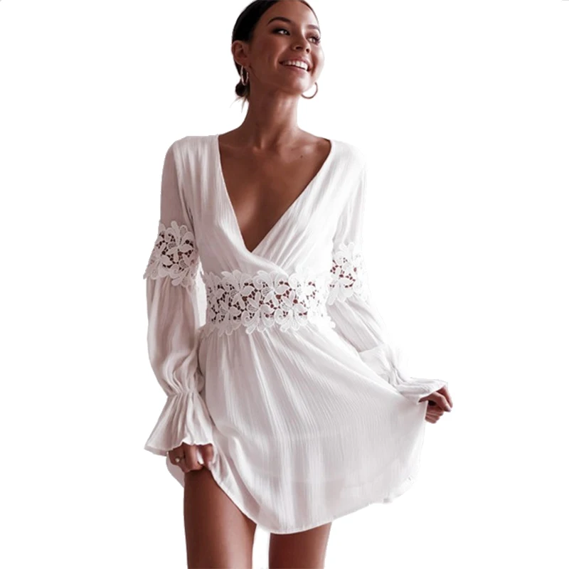 

2019 New Women Bohemian Dress V-neck Lace Stitching Trumpet Sleeve Mini Dress Female Long Sleeve Women Clothes Vestidos Mujer