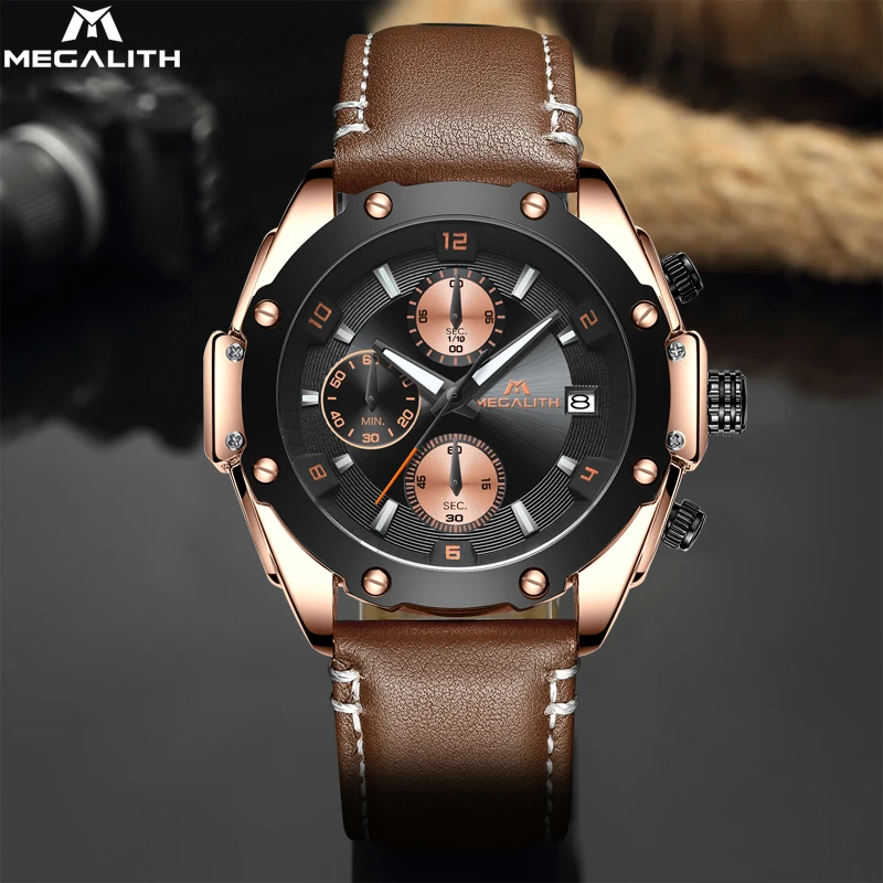 

MEGALITH Fashion Luxury Men Watches Waterproof Sport Analogue Date Chronograph Quartz Watch Men Brown Leather Strap Wristwatches