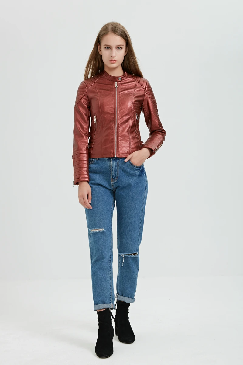 2020 Fashion Women Elegant Zipper Faux Leather Biker Jacket in Brown Black Slim Ladies Coat Casual brand Motorcycle Leather Coat