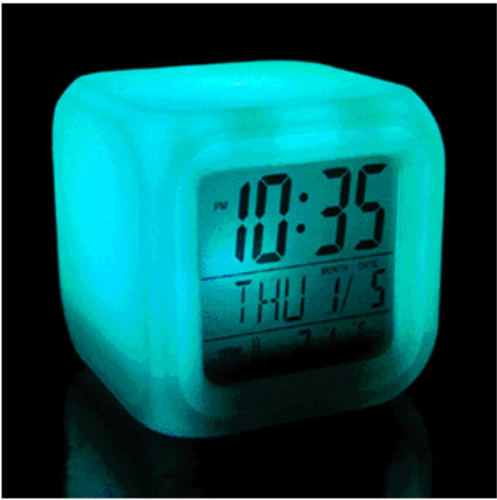 Cube светодиодный Будильник цифровые настольные часы 7 цветов меняющийся ночной Светильник Светящиеся в темноте ЖК-часы термометр домашний Декор подарок