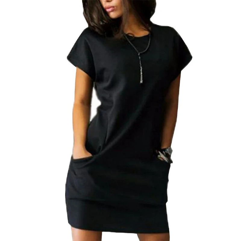 Черные Прямые Мини женские платья с карманами, одноцветное платье с круглым вырезом и коротким рукавом, повседневное летнее платье для женщин размера плюс S-2XL