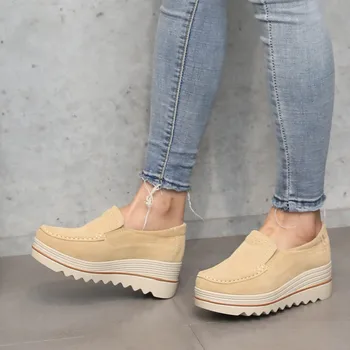 

2019 autumn thick-soled platform shoes woman wedges cow suede leather slip on female sneakers large size 41 42 sapatos de mujer
