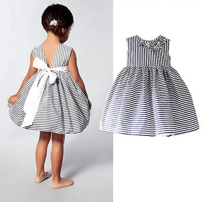 

Kids Baby Girls Summer Bow back Dress Princess Striped Party Pageant Tutu Dresses 2-6T