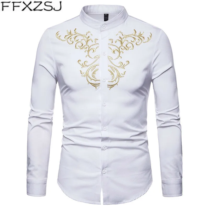 

FFXZSJ Brand 2018 autumn new men's shirt embroidered Henry collar large size casual Slim long-sleeved top shirt camisa masculina