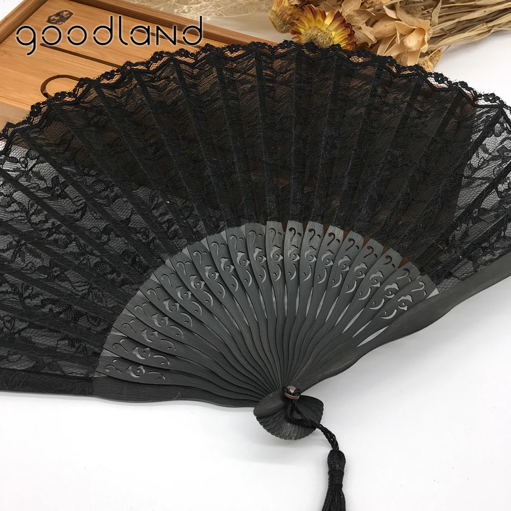 1pcs Vintage Retro Chinese Lace Hand Fan High Quality Black Bamboo Folding Fan Dance Fans Party Supplies For Gift