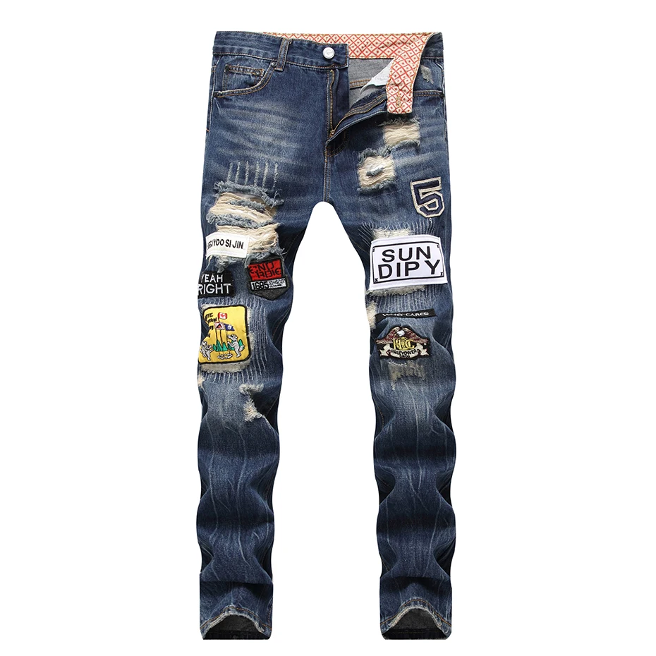 ABOORUN фаздравствуйте для мужчин s рваные джинсы лоскутное вышивка здравствуйте джинсы Hi Street бренд уличная x1393