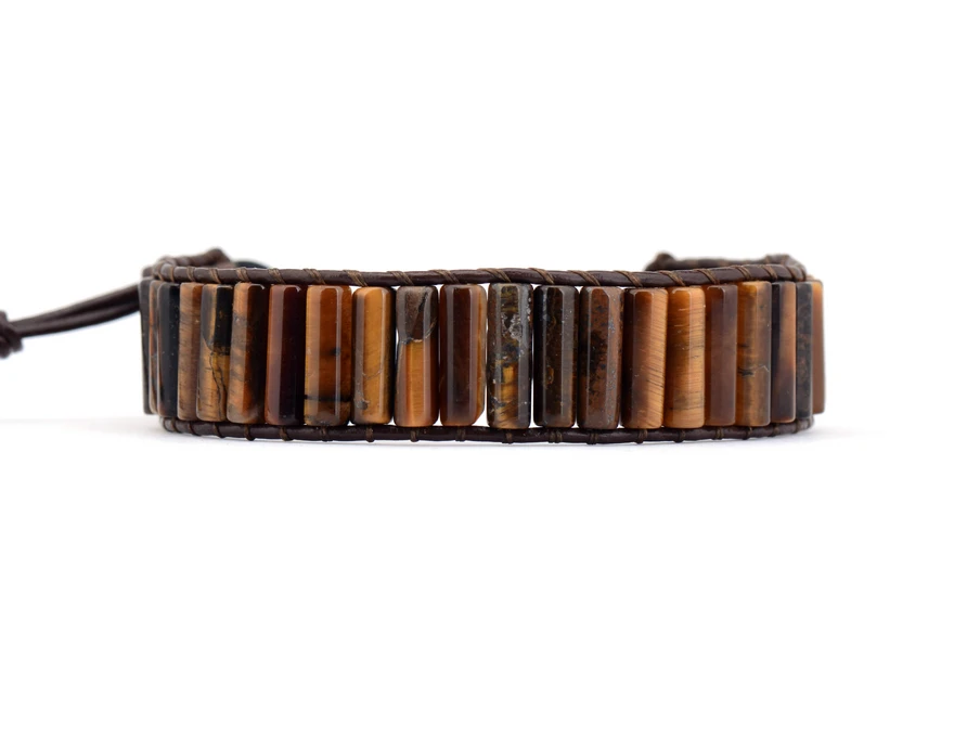 

Boho Tube Shape Tiger Eye Single Strand Handmade Leather Wrap Bracelet Genuine Leather Bracelet Couple Bracelet Dropship