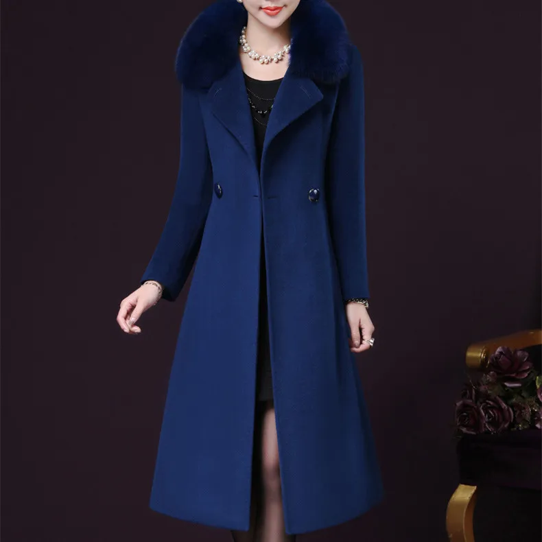 

2018 Autumn Winter Womens Woolen Plus size Coats With Belt Thick Warm Woolen Big Faux Fox Fur Collar Coats Outerwear