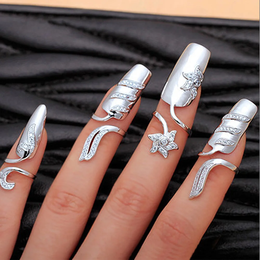 

4pcs/set Korean Fashion Creative AAA Cubic Zirconia Silver/Gold Color Nail Ring Female Created Ring Set Hot Sale