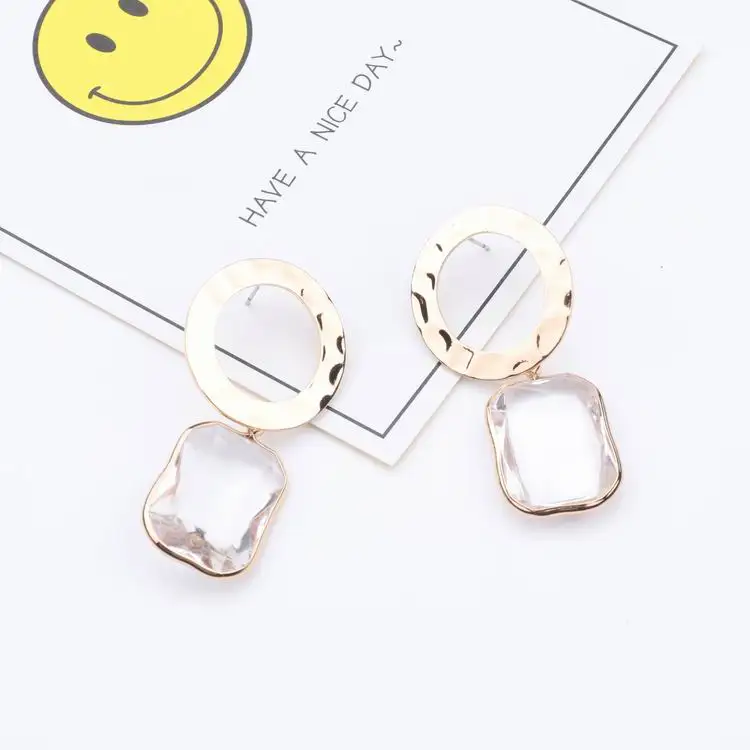 

2018 New Arrive Metal Circle Transparent Square Crystal Drop Pendientes Mujer Moda Fashion Dangle Earrings Women Accessories