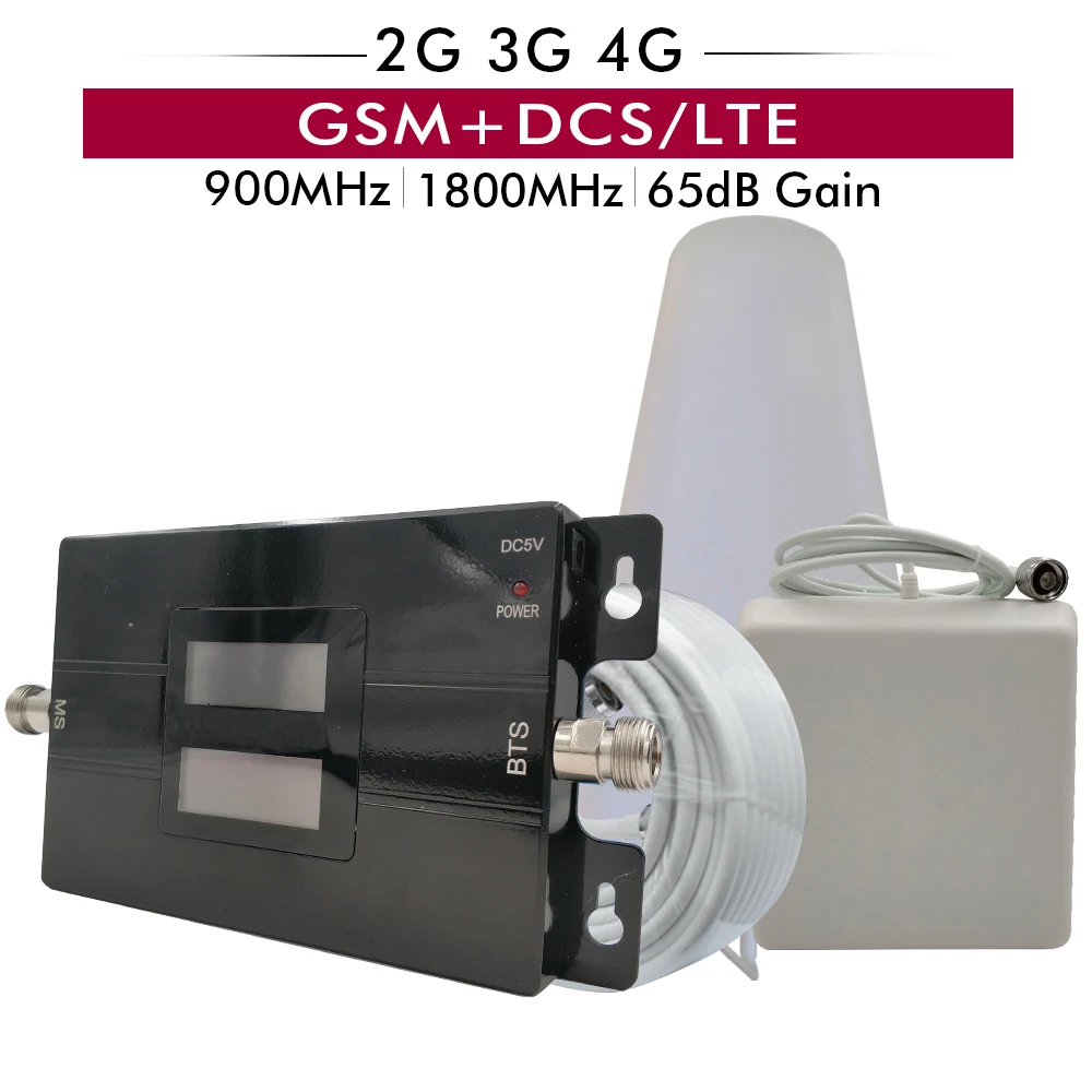 65dB Gain 17dBm Dual Band Repeater Kit 2G GSM 900 4G DCS/LTE 1800 Cellular Cell Phone Signal Booster Amplifier Antenna Full Set
