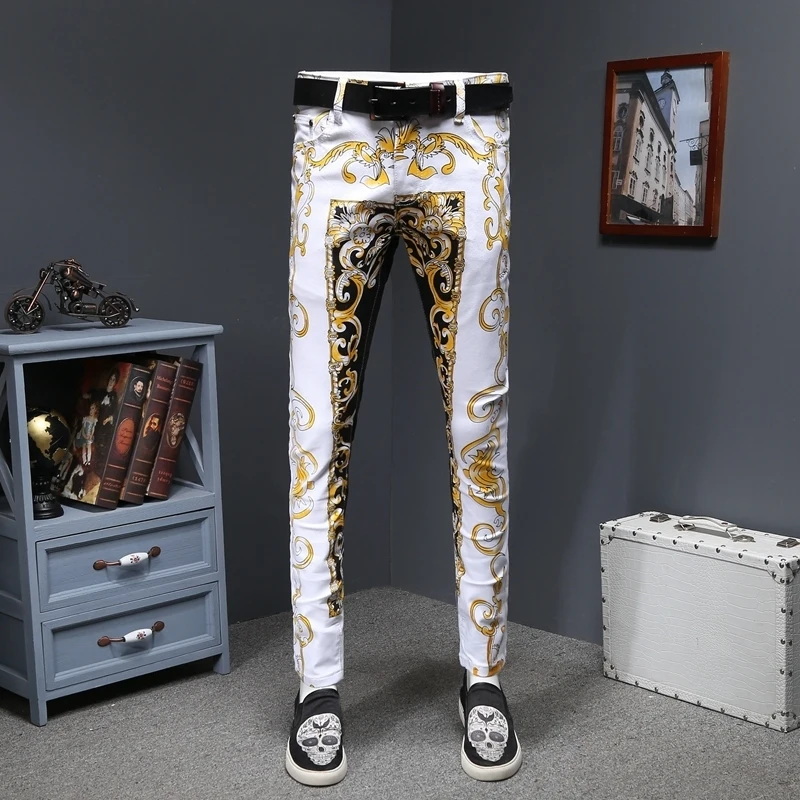 Luxury Gold Print Jean Homme Slim Designer Denims Jeans Men Erkek Kot Pantolon SkinnyGold Denims Stretch Fancy Party Trousers Luxury Gold Print Jean Homme Slim Designer Denims Jeans Men Erkek Kot Pantolon SkinnyGold Denims Stretch Fancy Party Trousers